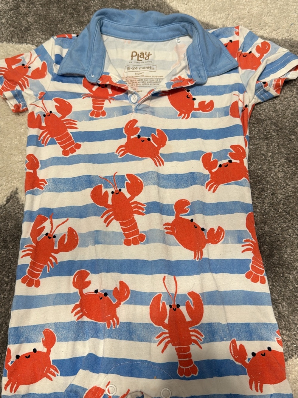 Little Sleepies Blue & White Striped Polo Romper with Red Crabs
